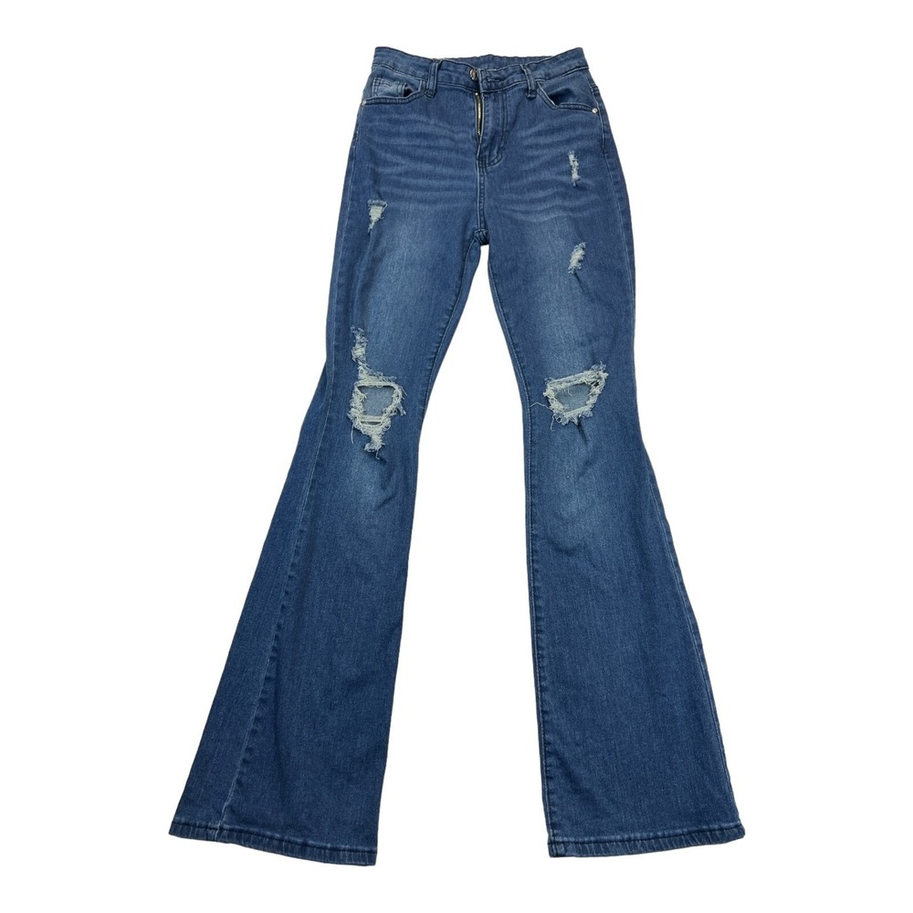 Shein Women's Size‎ 26 Distressed Ripped Flare Leg Jeans Blue Denim
